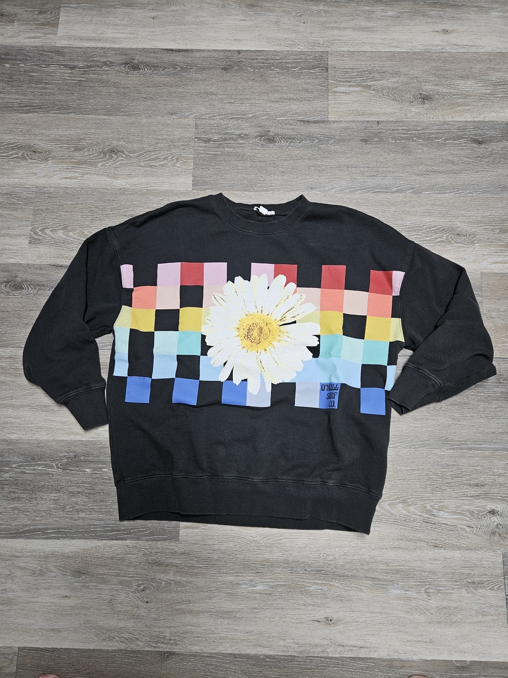 O'Neill Black Crewneck Sweatshirt with Multicolor Checkboard and White Daisy